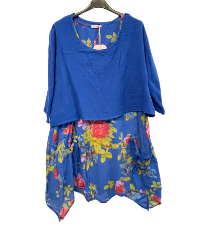 Brand New Womens Lagenlook 2 Piece Floral Dress Asymmetric Hem with Plain Top