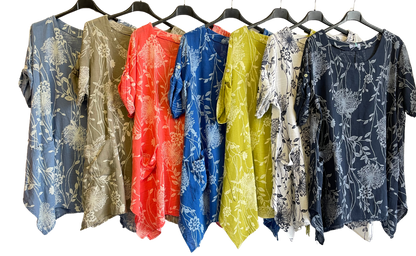 New Womens Italian Two Pocket Floral- Print Linen Mix Tunic Top With Long Sides