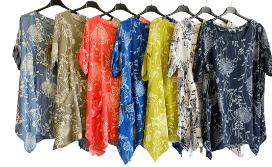 New Womens Italian Two Pocket Floral- Print Linen Mix Tunic Top With Long Sides