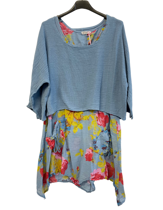 2 Piece Floral Dress Asymmetric Hem with Plain Top in Light Blue