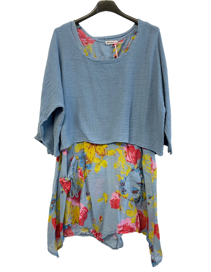 Brand New Womens Lagenlook 2 Piece Floral Dress Asymmetric Hem with Plain Top