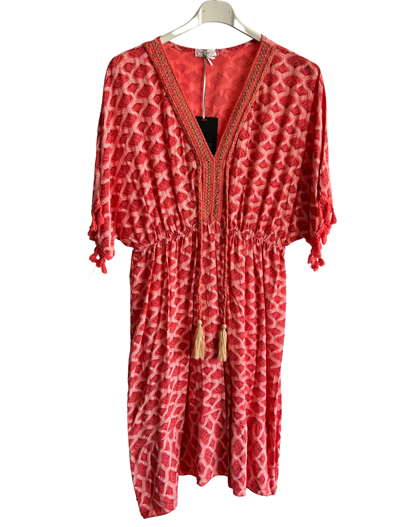 New Ladies Summer Lightweight Tassel Tie Printed Mid Length Kaftan Dresses