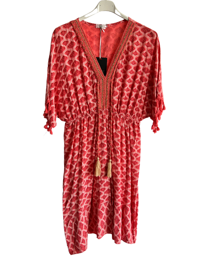 New Ladies Summer Lightweight Tassel Tie Printed Mid Length Kaftan Dresses
