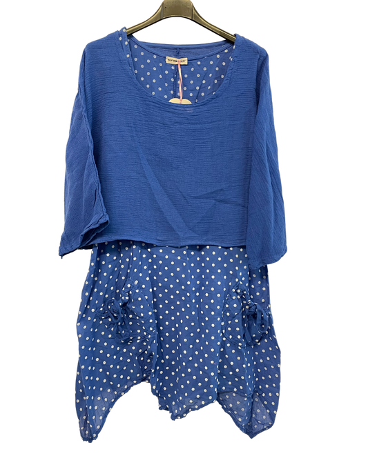 2 Piece Spot Dress Asymmetric Hem with Plain Crop Top in Royal Blue