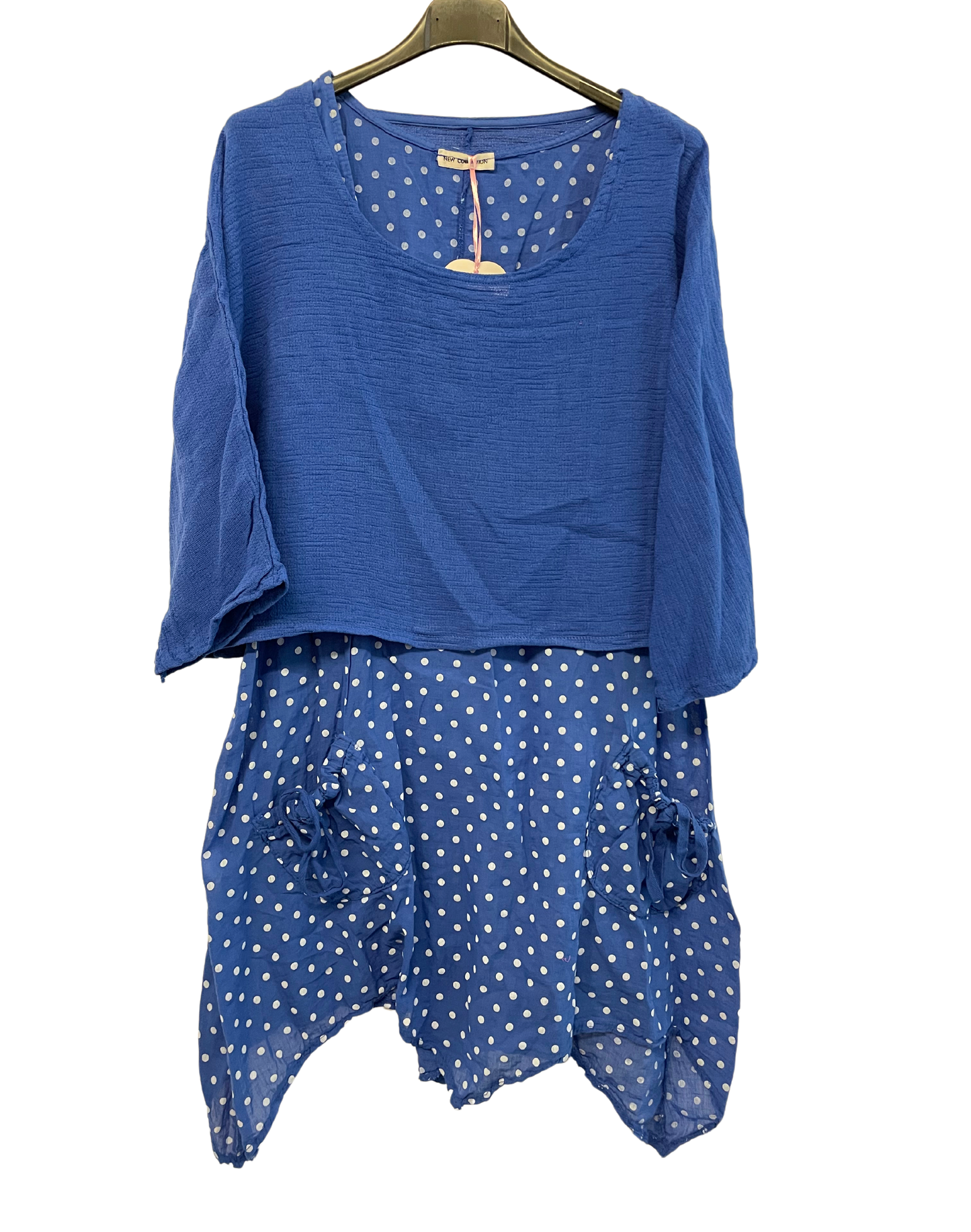 Brand New 2 Piece Spot Dress Womens Lagenlook Asymmetric Hem with Plain Crop Top