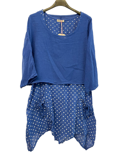 Brand New 2 Piece Spot Dress Womens Lagenlook Asymmetric Hem with Plain Crop Top
