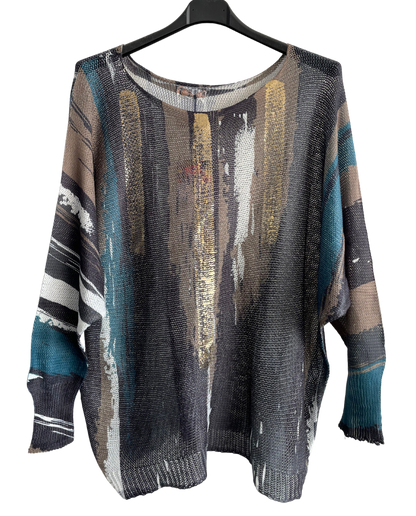 Foil Paint Splash Design Fine Knit Batwing Autumn Jumper in Charcoal