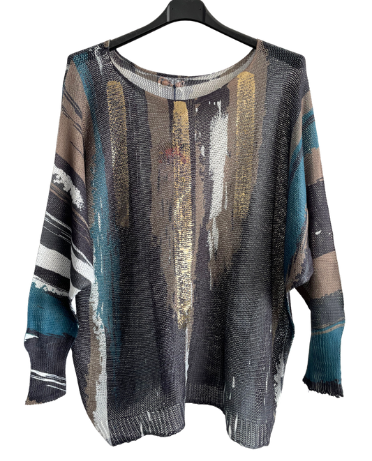 Foil Paint Splash Design Fine Knit Batwing Autumn Jumper in Charcoal
