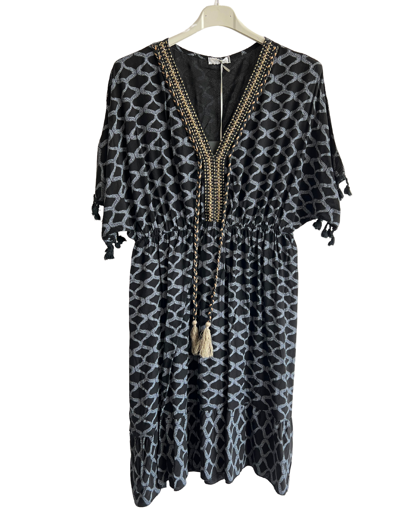 New Ladies Summer Lightweight Tassel Tie Printed Mid Length Kaftan Dresses