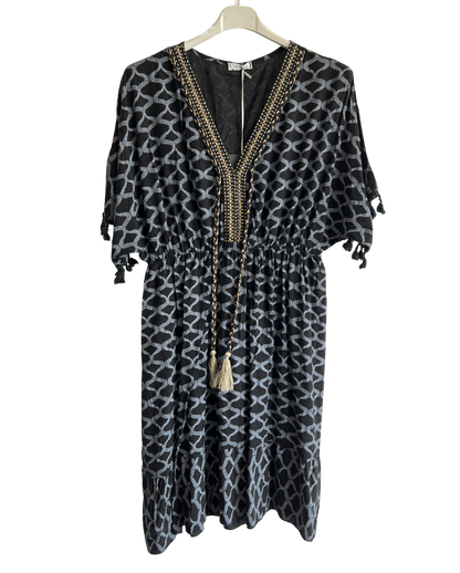 New Ladies Summer Lightweight Tassel Tie Printed Mid Length Kaftan Dresses