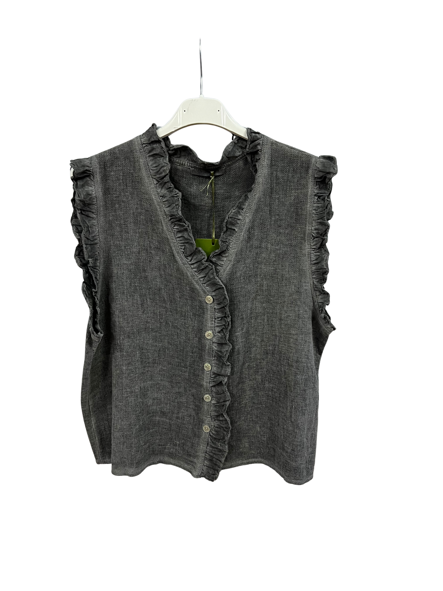 Womens Italian Linen Mix Textured Sleeveless Button Through Top with Frill Trim