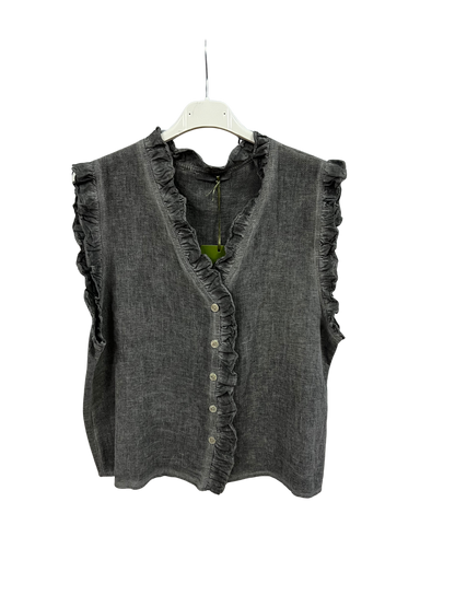 Womens Italian Linen Mix Textured Sleeveless Button Through Top with Frill Trim