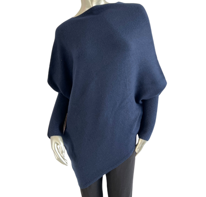 Asymmetric Draped Slouch Neck Soft Jumper with Long Fitted Sleeves in Navy