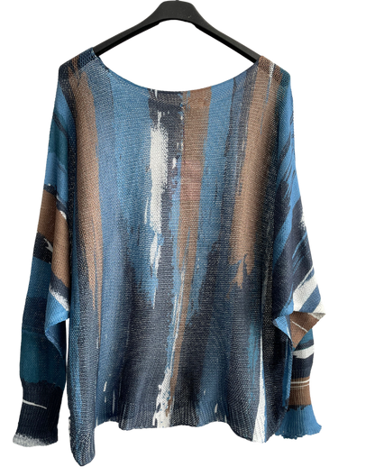 Foil Paint Splash Design Fine Knit Batwing Autumn Jumper in Denim