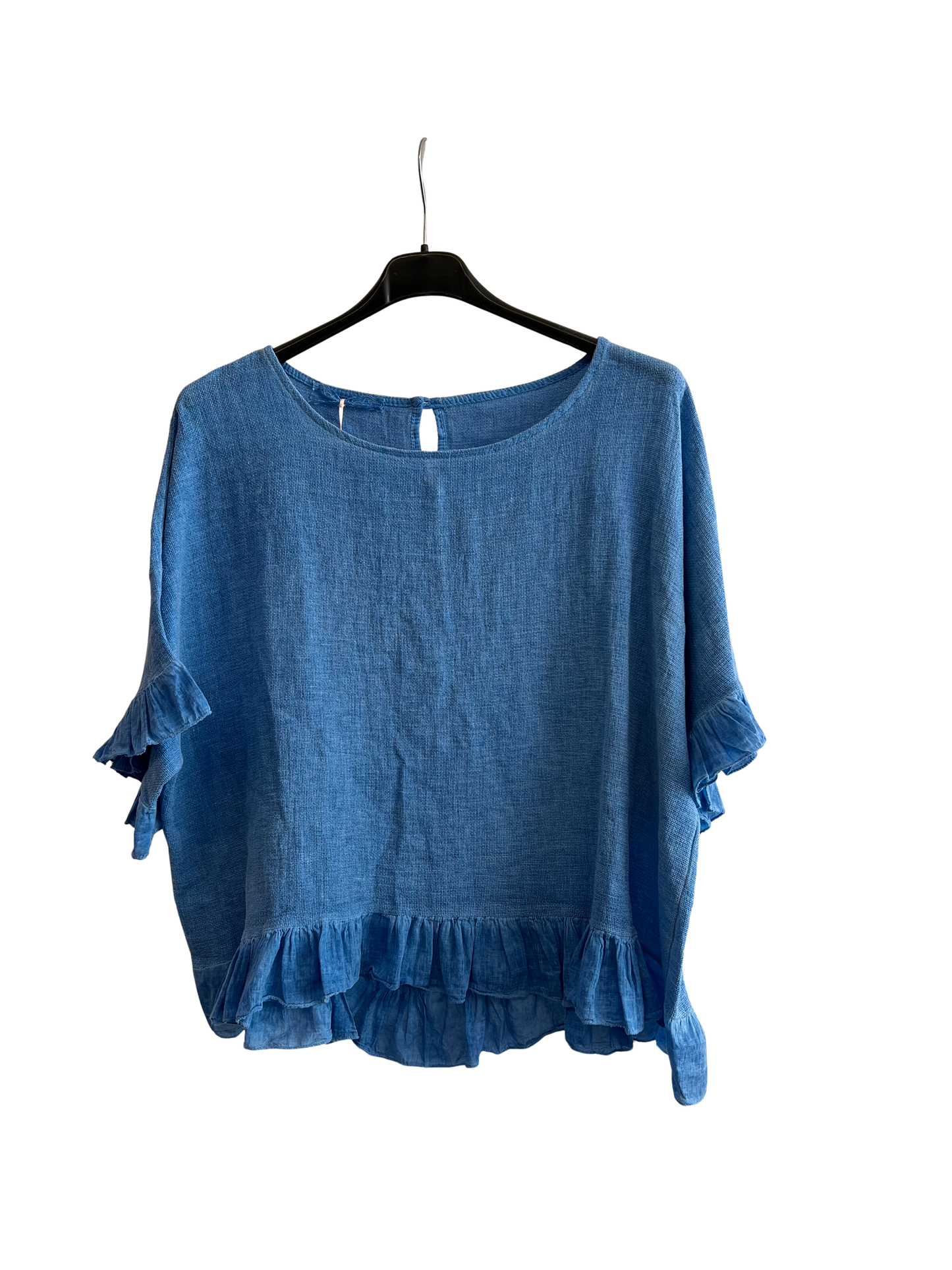 New Ladies Summer 26' Italian Linen Blend Tops with Frilled Trim Sleeves and Hem