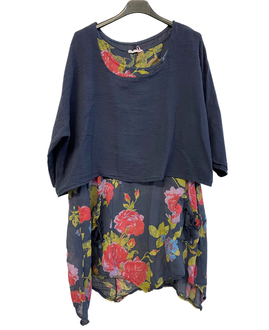 2 Piece Floral Dress Asymmetric Hem with Plain Top in Navy