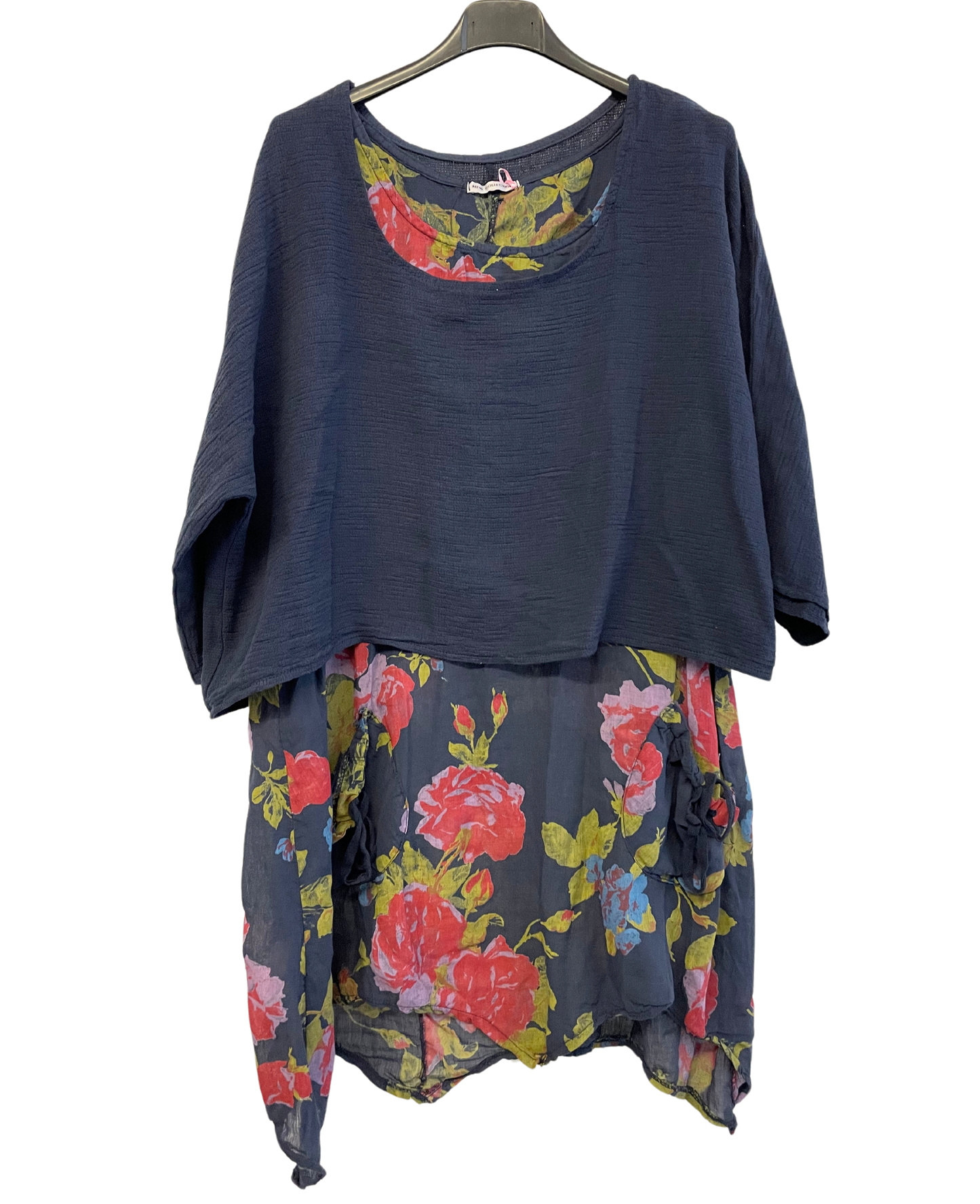 Brand New Womens Lagenlook 2 Piece Floral Dress Asymmetric Hem with Plain Top