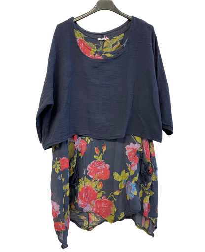 Brand New Womens Lagenlook 2 Piece Floral Dress Asymmetric Hem with Plain Top