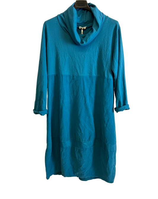 Cowl Neck Long Sleeve Cord Panel Jersey Dress In Teal