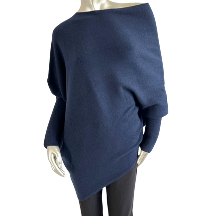 Asymmetric Draped Slouch Neck Soft Jumper with Long Fitted Sleeves in Navy