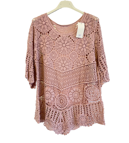 2 Piece Set Crochet Quirky Casual Tunic Top with Matching Vest in Pink