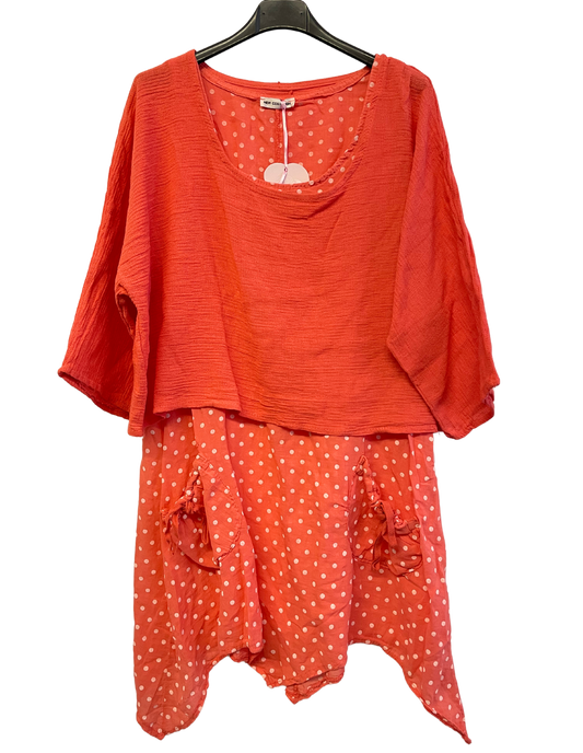 2 Piece Spot Dress Asymmetric Hem with Plain Crop Top in Coral