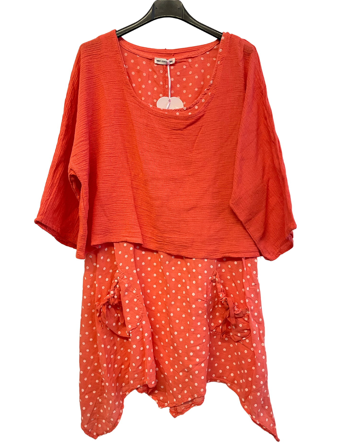 Brand New 2 Piece Spot Dress Womens Lagenlook Asymmetric Hem with Plain Crop Top