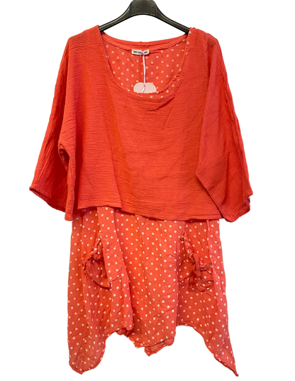 Brand New 2 Piece Spot Dress Womens Lagenlook Asymmetric Hem with Plain Crop Top