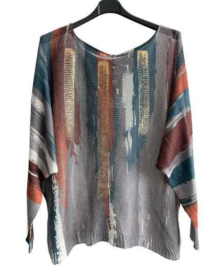 Foil Paint Splash Design Fine Knit Batwing Autumn Jumper in Grey