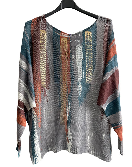 Foil Paint Splash Design Fine Knit Batwing Autumn Jumper in Grey
