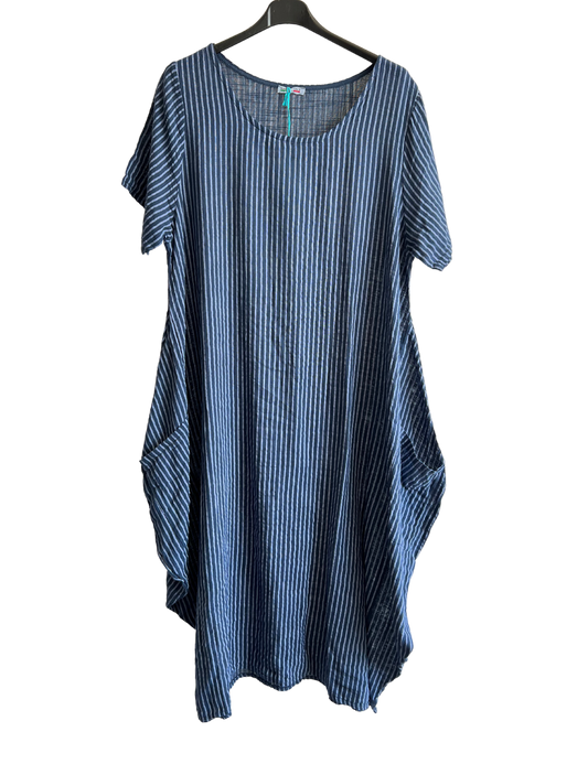 Lagenlook Stripe Cotton Summer Long Dress In Navy