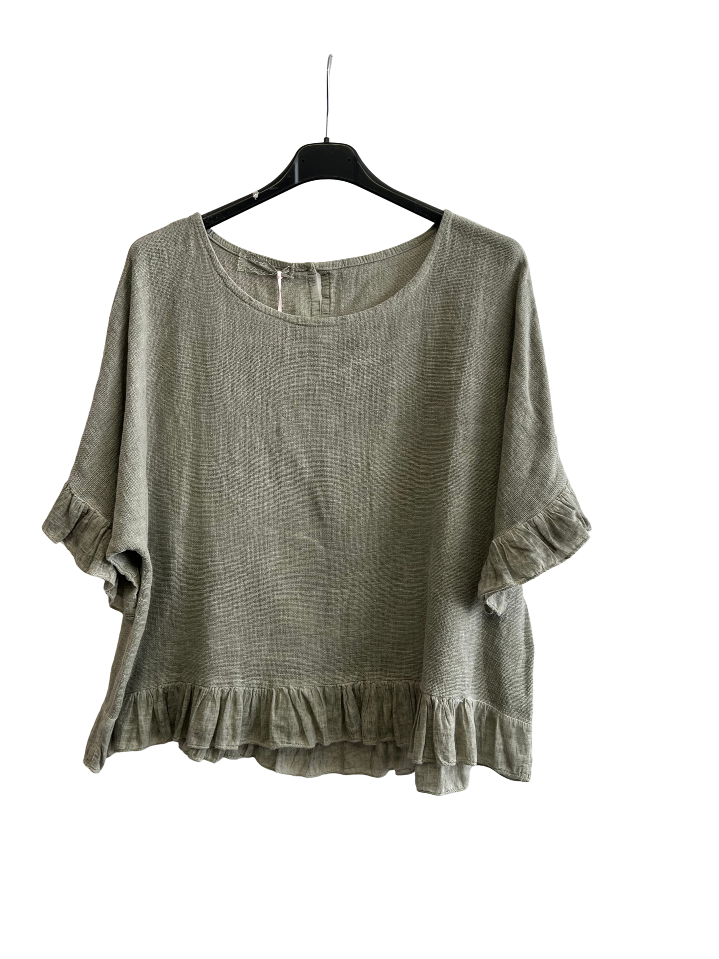 New Ladies Summer 26' Italian Linen Blend Tops with Frilled Trim Sleeves and Hem