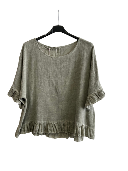 New Ladies Summer 26' Italian Linen Blend Tops with Frilled Trim Sleeves and Hem