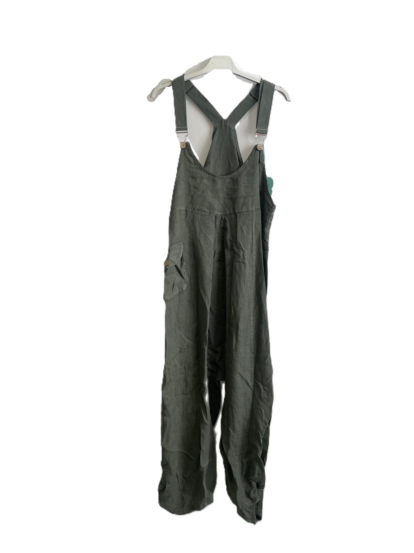 Brand New Ladies Summer Italian Casual Linen Dungarees with Button Detail on Hem in Khaki