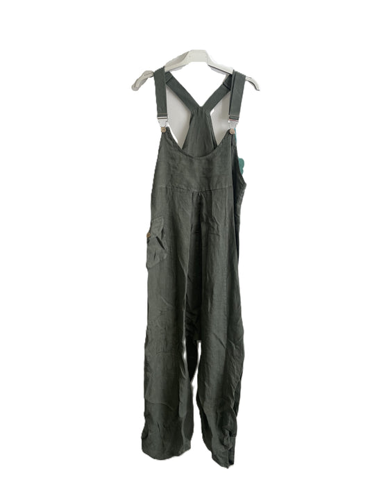 Brand New Ladies Summer Italian Casual Linen Dungarees with Button Detail on Hem in Khaki