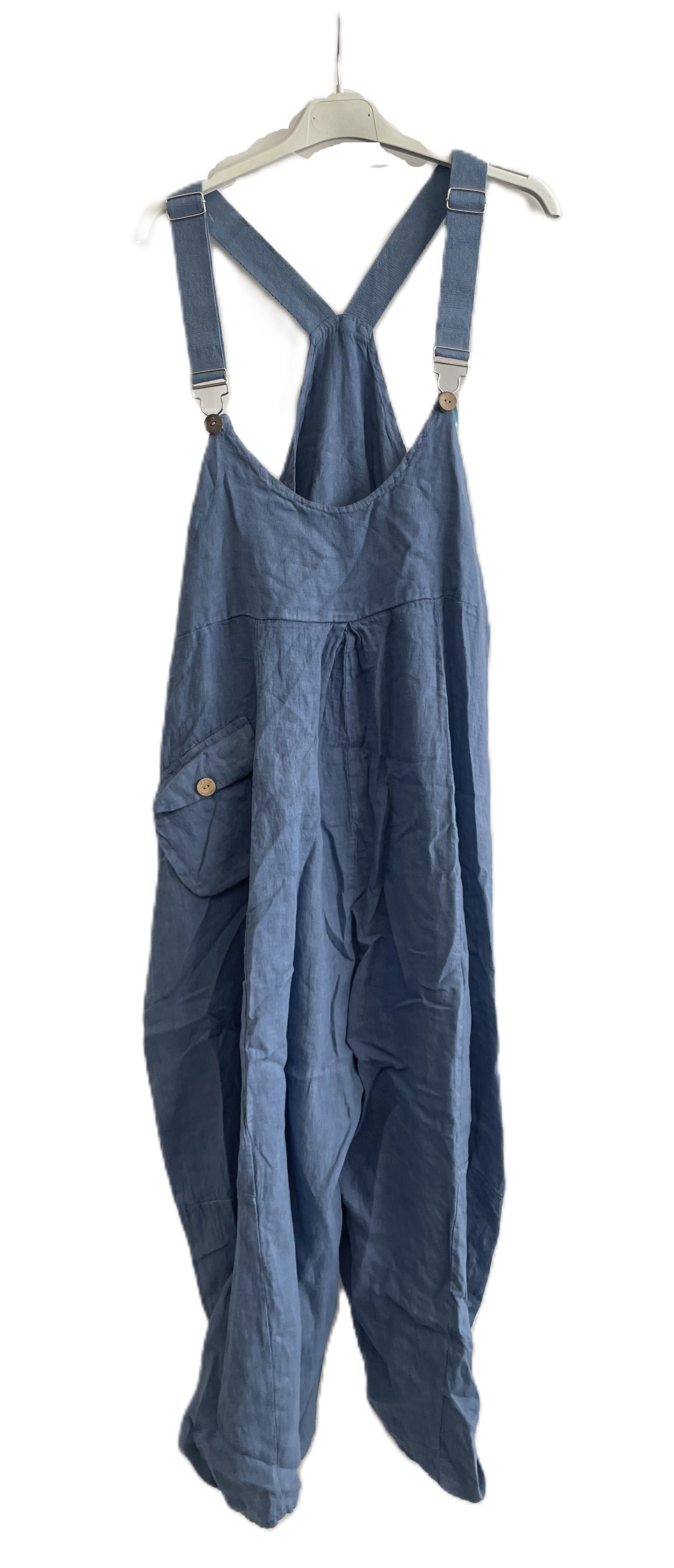 Brand New Ladies Summer Italian Casual Linen Dungarees with Button Detail on Hem in Light Blue