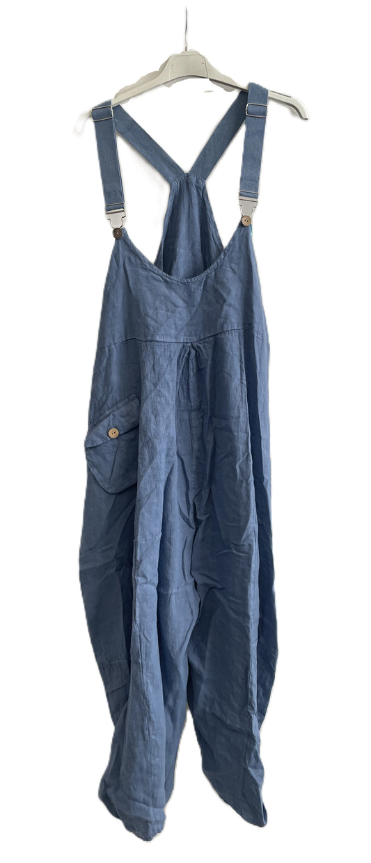 Brand New Ladies Summer Italian Casual Linen Dungarees with Button Detail on Hem in Light Blue