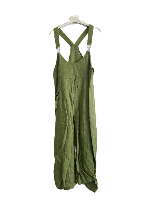 Brand New Ladies Summer Italian Casual Linen Dungarees with Button Detail on Hem in Lime Green