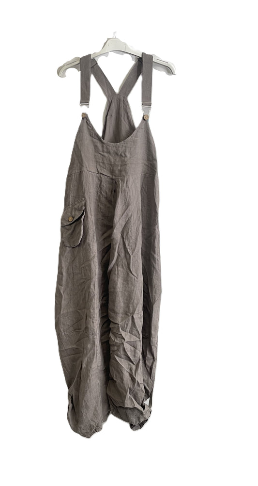 Brand New Ladies Summer Italian Casual Linen Dungarees with Button Detail on Hem in Mocha