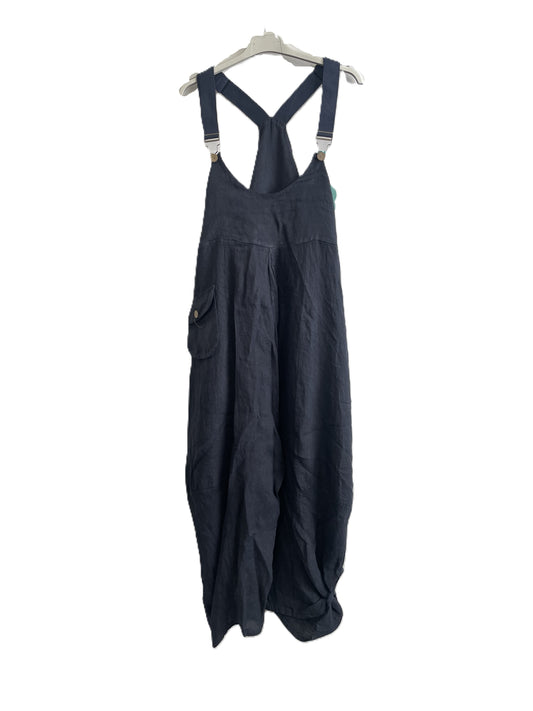 Brand New Ladies Summer Italian Casual Linen Dungarees with Button Detail on Hem in Navy