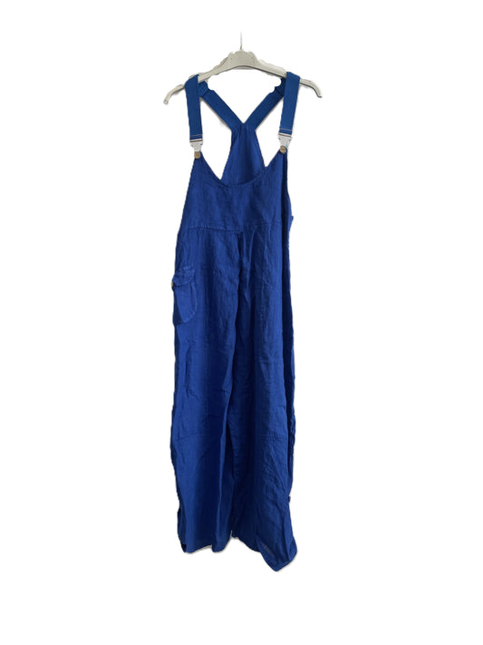 Brand New Ladies Summer Italian Casual Linen Dungarees with Button Detail on Hem in Royal Blue