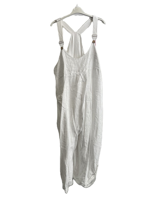 Brand New Ladies Summer Italian Casual Linen Dungarees with Button Detail on Hem in White
