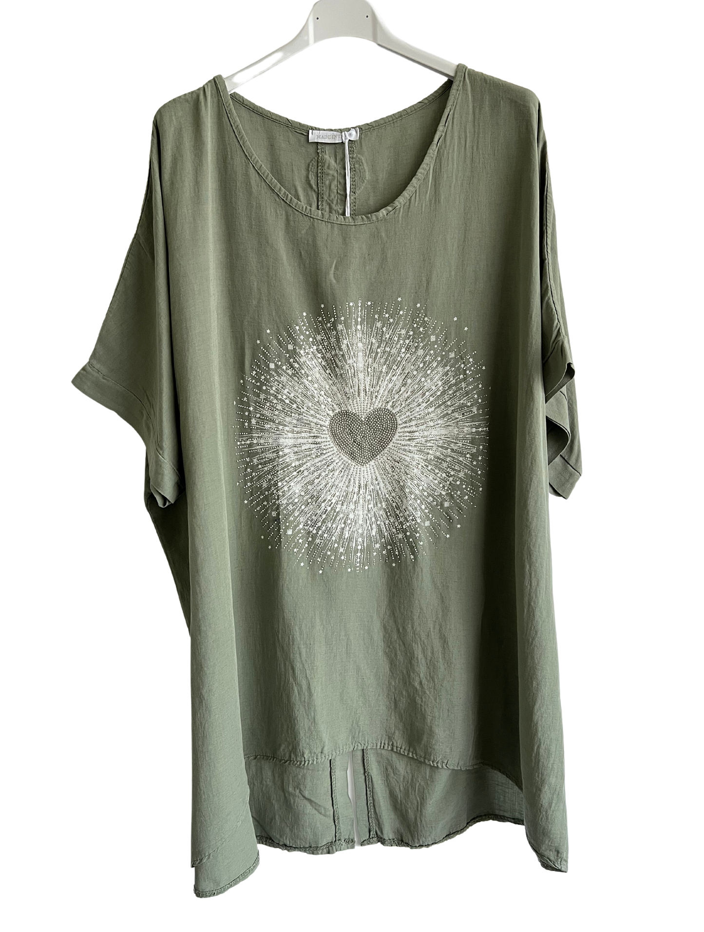 Heart Sequin Burst Effect Tie Dye Top In Khaki
