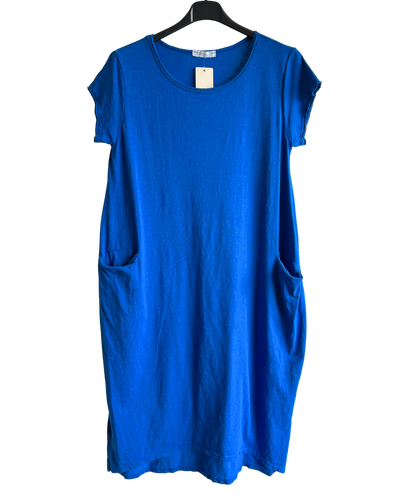 Quirky Soft Cotton Stretch 2 Pocket Long Tunic Dress In Royal Blue