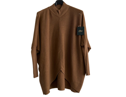 Batwing High Low Hem High Neck Jumper In Camel