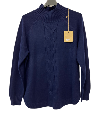 Soft Knitted Ribbed High Neck Cable Design Jumper In Navy