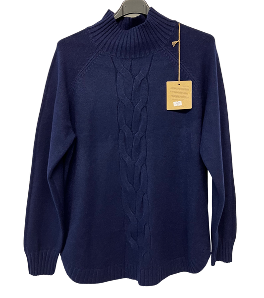 Soft Knitted Ribbed High Neck Cable Design Jumper In Navy