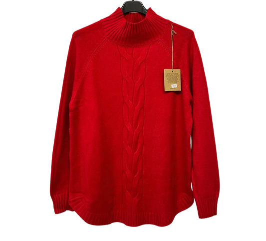 Soft Knitted Ribbed High Neck Cable Design Jumper In Red