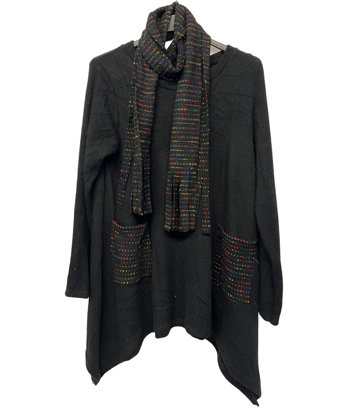 Knitted Tunic Long Top with Matching Scarf and 2 Pockets In Black