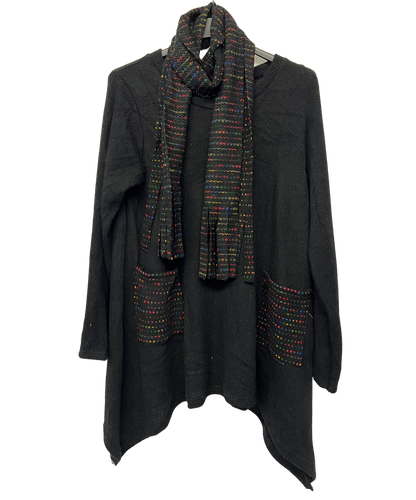 Knitted Tunic Long Top with Matching Scarf and 2 Pockets In Black